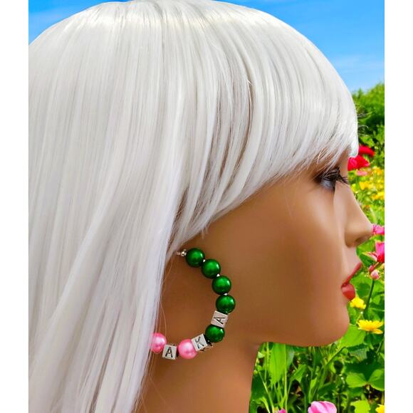 AKA Alpha Kappa Alpha Earrings Small Hoops Pink and Green - Picture 5 of 6